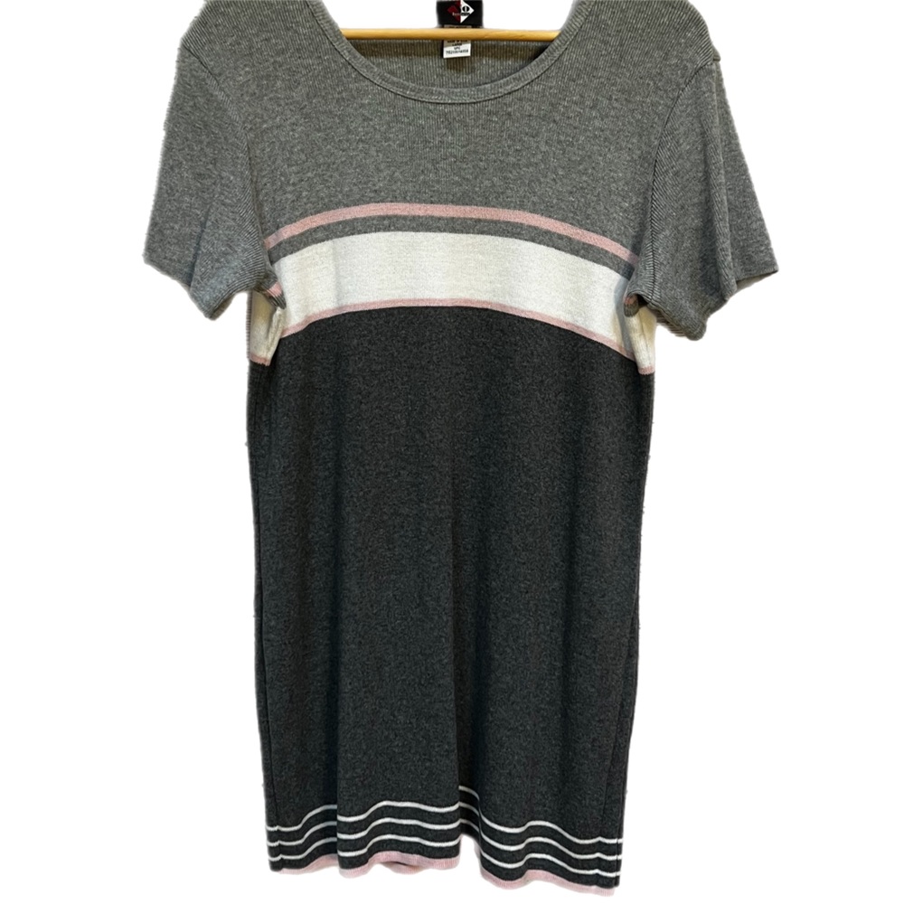 No Boundaries Grey Pink Striped Shirt Sleeve Sweater Dress